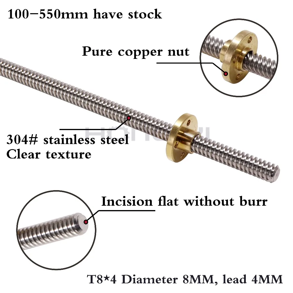 3D-принтеры трапециевидные стержень ходовой винт с резьбой 8 мм Length100mm200mm300mm400 T8 свинцово-2/4/8/12/14 мм с Латунная гайка