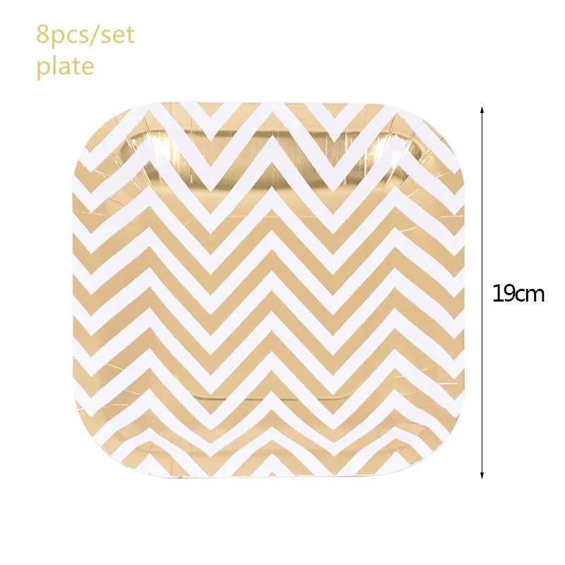 8Pcs plate B02 Одноразовые наборы посуды в золотую полоску, шеврон, бумажный стаканчик, тарелка, соломинка для свадьбы, дня рождения, украшения, новогодние, праздничные, вечерние, столовые приборы - Цвет: 8Pcs plate B02