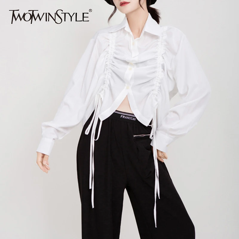 TWOTWINSTYLE, белый шнурок, женская рубашка с рюшами, воротник с лацканами, длинный рукав, Корейская женская рубашка блузка, осенняя мода, новинка