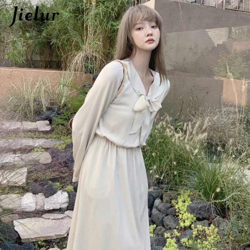 

Jielur New Elegant Women's Dress High Waist Vintage Vestidos White Bow V-neck Fairy Four Colors Dresses for Woman Spring 2021