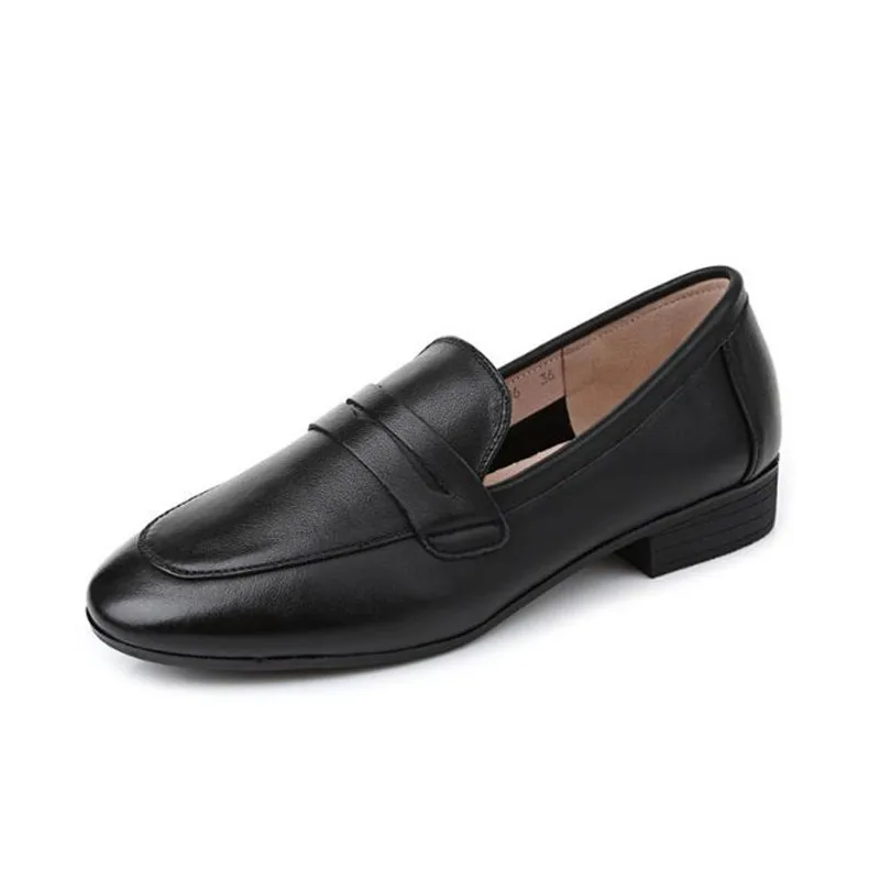 Женская обувь размера плюс; Простые лоферы из натуральной кожи с круглым носком; черные туфли на плоской подошве; повседневные женские туфли на плоской подошве; весенние туфли-оксфорды - Цвет: Black