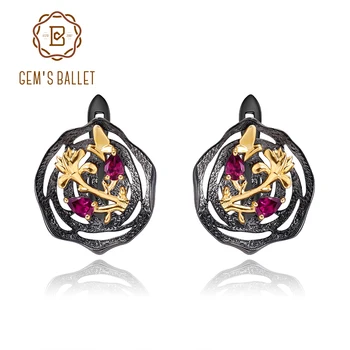 

GEM'S BALLET Natural Rhodolite Garnet Women's Clip Earrings Real 925 Sterling Silver Handmade Black Golden Flower Lotus Earrings
