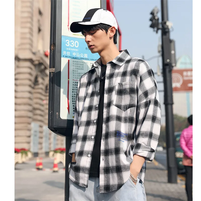 

Koszula 2020 Autumn New Black White Plaid Long Sleeve Shirts Men Letter Print Oversized Mens Turn-down Collar Shirt Camicia Uomo