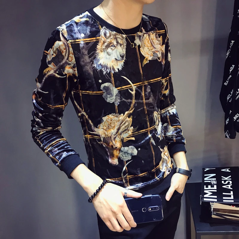 

2019 autumn Luxury Men Velour T Shirt Design Printing T Shirt Homme Club Outfit Men Slim Fit Long Sleeve O Neck Velvet T Shirt