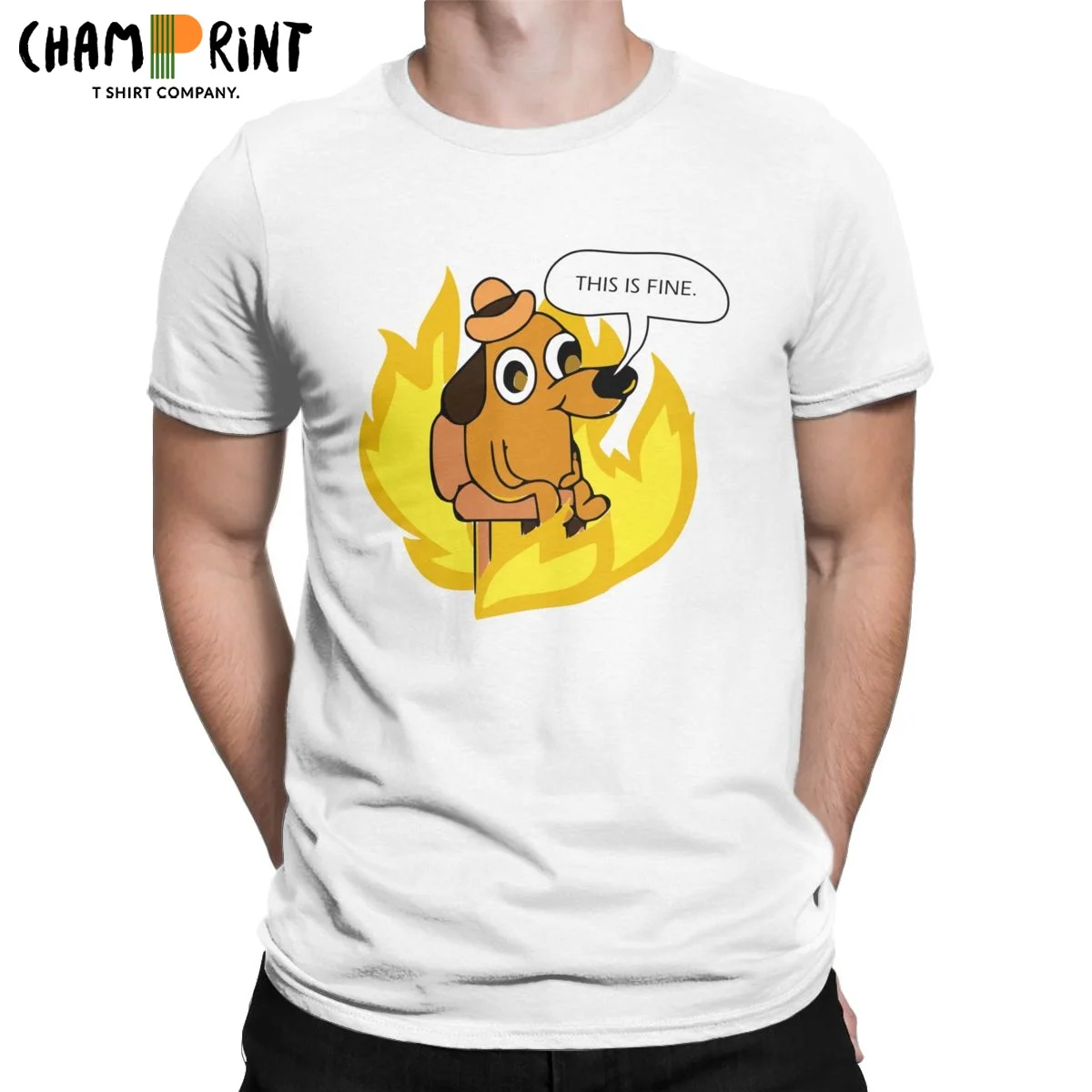 Vintage This Is Fine Doggo T-Shirts for Men Round Neck Pure Cotton T Shirt Dog Short Sleeve Tees Gift Idea Tops | Мужская одежда