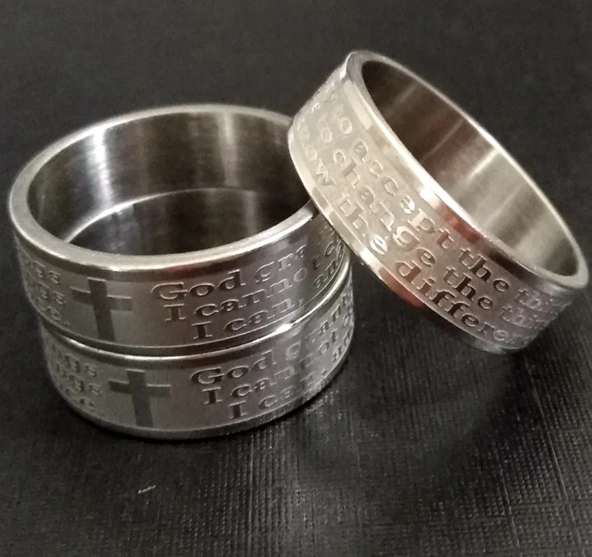 30pcs Etch English Serenity Prayer Cross Jesus Stainless Steel Ring Wholesale Men Religious Jewelry Lots " God grant me..." 5