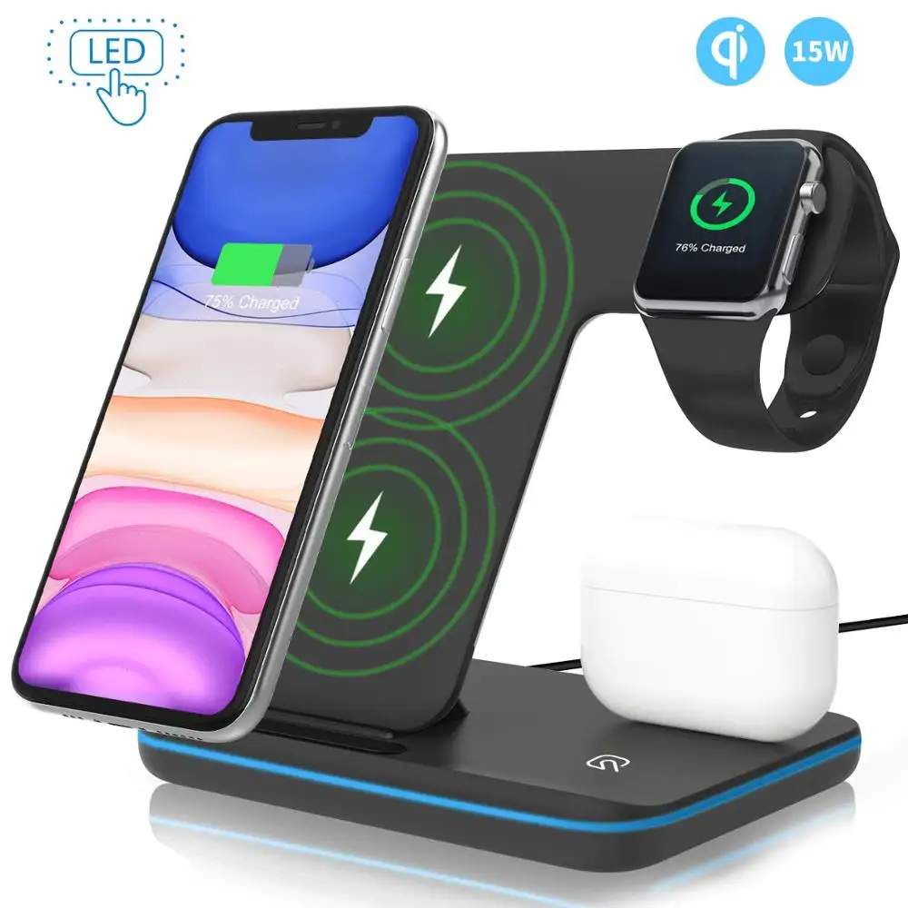 Wireless Charger Stand 3 in 1 Qi 15W Fast Charging Dock Station for Apple Watch iWatch 5 4 3 AirPods