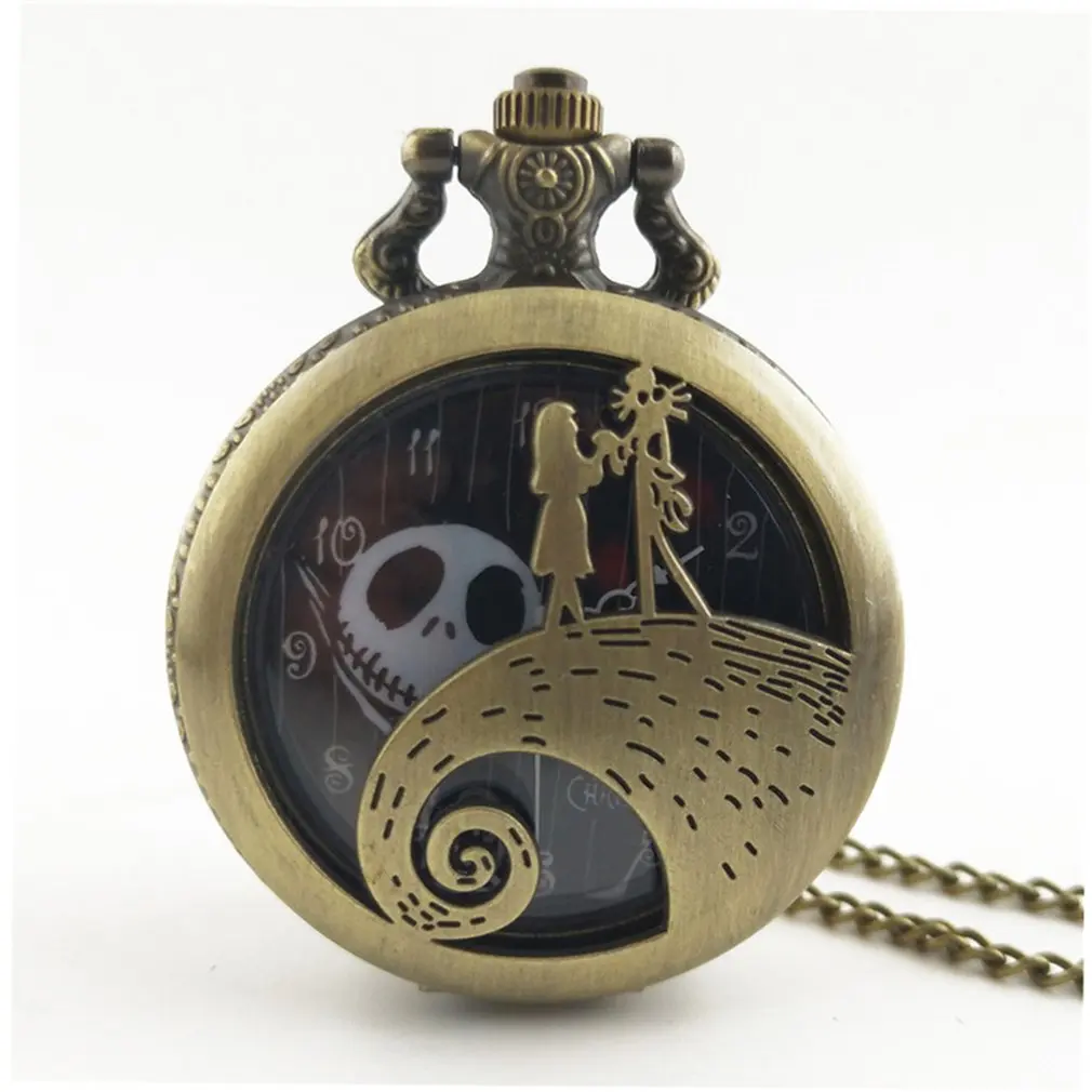 Christmas Night Carved Vintage Antique Round Dial Quartz Pocket Watch Necklace Pendant Clock for Mens Womens Best Gifts
