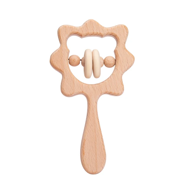 Baby Wooden Rattle Beech Bear Hand Teething Wooden Ring Baby Rattles Play Gym Montessori Stroller Toy Educational Toys for Kid set-7