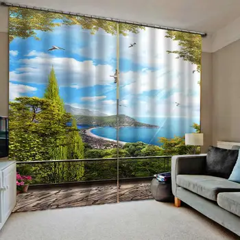 

Blue curtains scenery landscape curtain Beautiful Photo Fashion Customized 3D Curtains balcony curtain