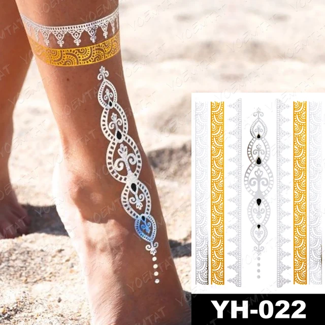 Haina – autocollants de tatouage temporaire en henné doré pour femme, faux tatouage, transfert Sexy, main, argent, bijoux de mariée, bras, pour fille 6