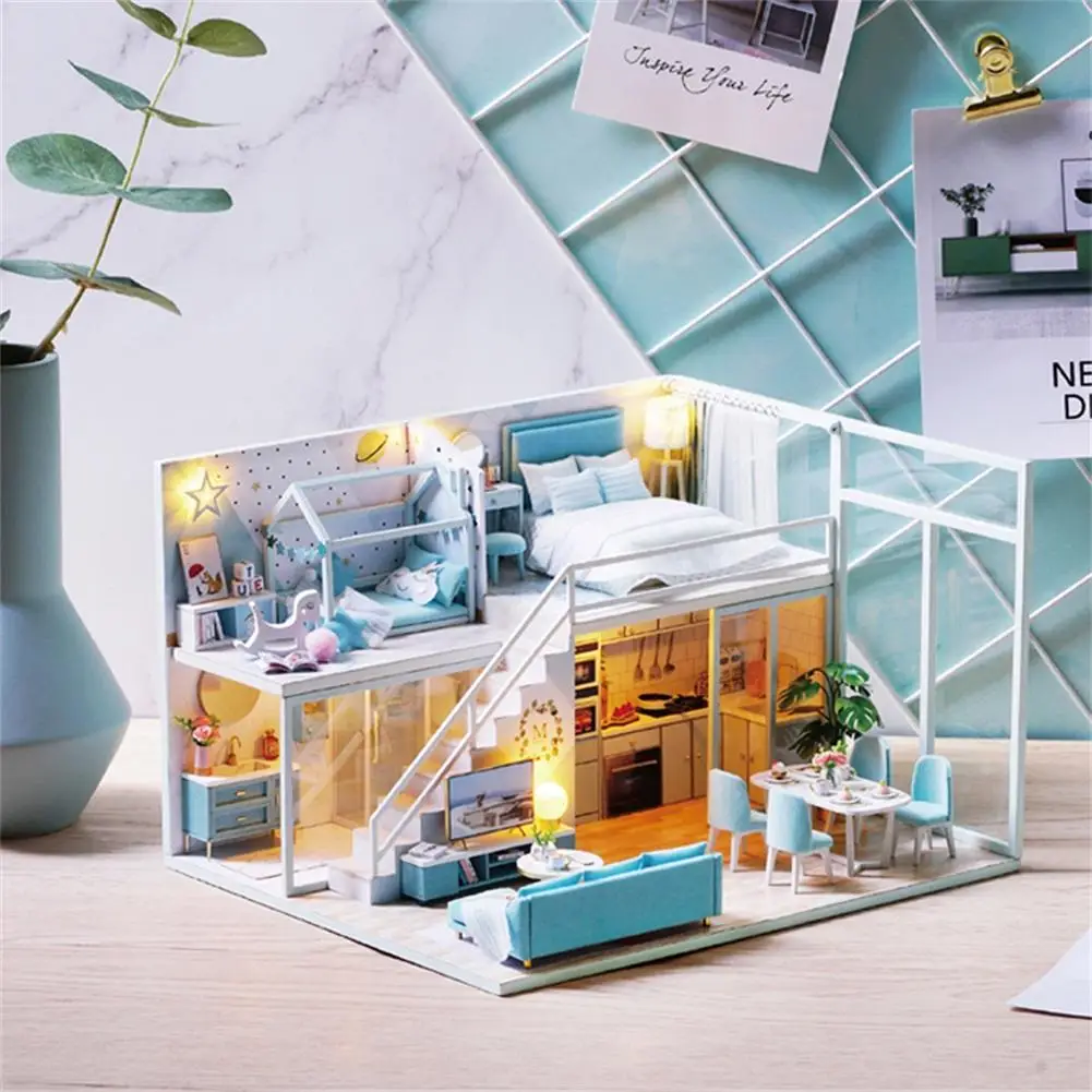 DIY Кукольный дом мебель миниатюрная 3D деревянная сборка чердак Miniaturas кукольный домик игрушки для детей подарки на день рождения с музыкой