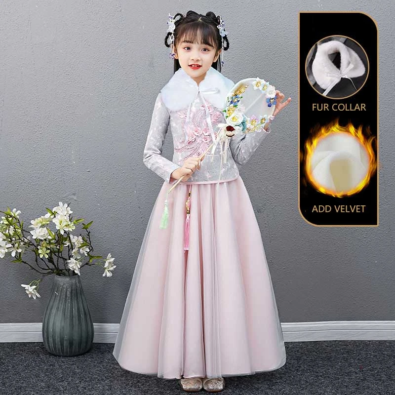 Hanfu/розовый китайский новогодний костюм для девочек, Восточное вечернее платье, плотное свадебное платье с длинными рукавами, детское кружевное платье Ципао