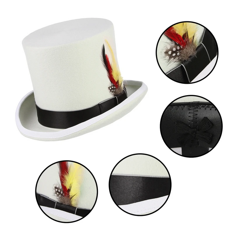 GEMVIE 17 см белая шляпа шерстяного войлока ручной работы перо шляпа-цилиндр для Для мужчин Для женщин костюм безумного Шляпника фетровая шляпка шерстяная шляпа волшебника фигурки жениха и невесты;