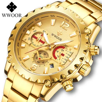 WWOOR Luxury Gold Full Steel Watch Men 2021 Sport Chronograph Quartz Wrist Watches For Men Military Waterproof Relogio Masculino