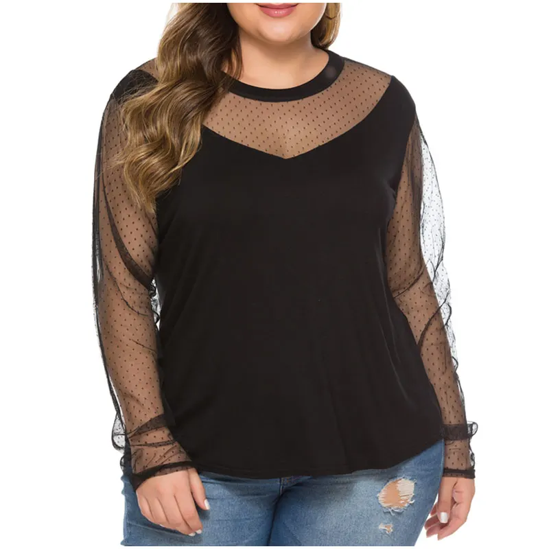 Прозрачная блузка в горошек размера плюс, 3XL 4XL, женские сексуальные черные топы с круглым вырезом и длинным рукавом, женские блузки