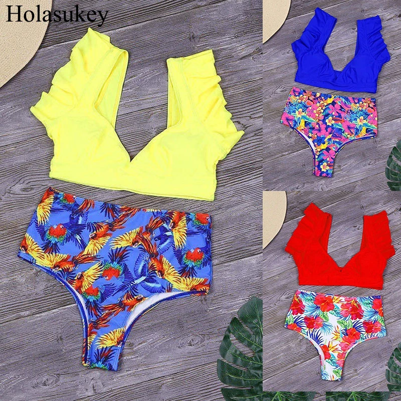 

HolaSukey Print Bikini Bordered Ruffles Swimwear Deep V Bikinis Set Sexy Swimsuit 2019 New Women Bathing Suit Beach Biquini