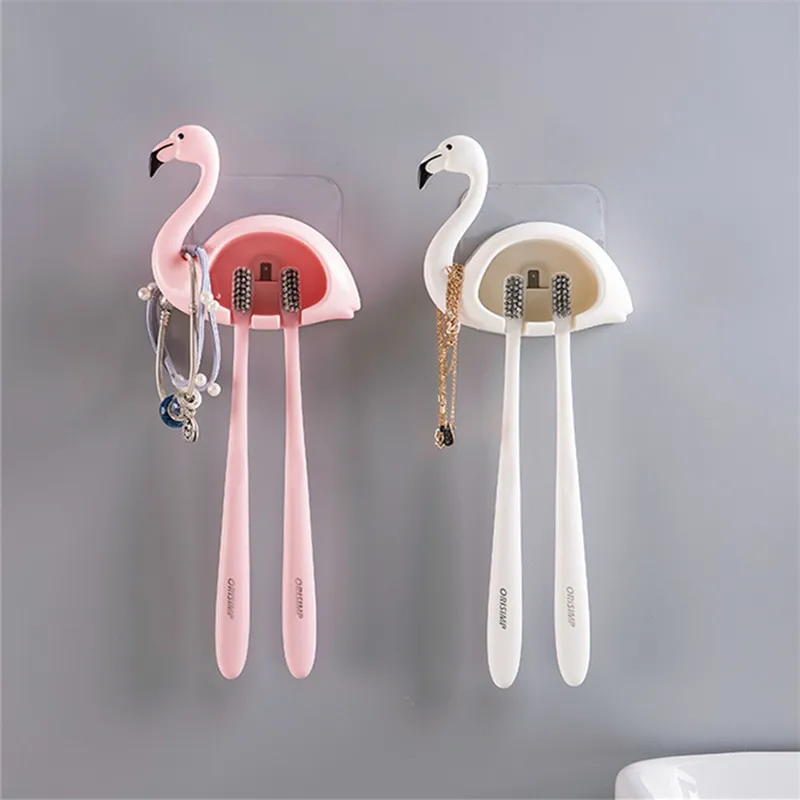 

Creative Toothbrush Rack Cute Cartoon Flamingo Shaped Wall-Mount Bathroom Suction Cup Multifunction Toothbrushes Storage Holders