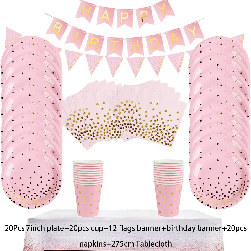 74 шт. розовое золото одноразовая посуда набор бумажные тарелки салфетки под чашки баннер пластиковая скатерть для взрослых детей день рождения Декор - Цвет: 74pcs 20 guests set