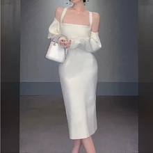 

Fashion Solid Color Women's French Retro Party Dress Suit Sweater Mid-length Suspender Dress Autumn Elegant Knitted Two-piece