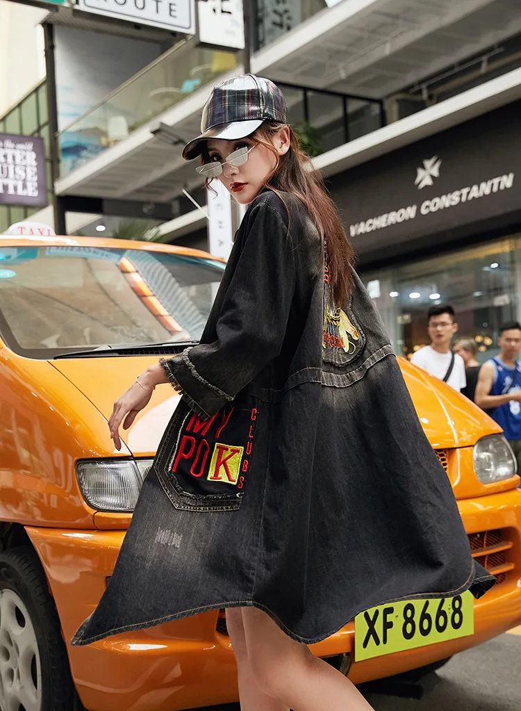 Cool Punk Eagle Emboridery Long Denim Coat For Womens Plus Size High Street Loose Autumn Jeans Outwears Punk SA406S30