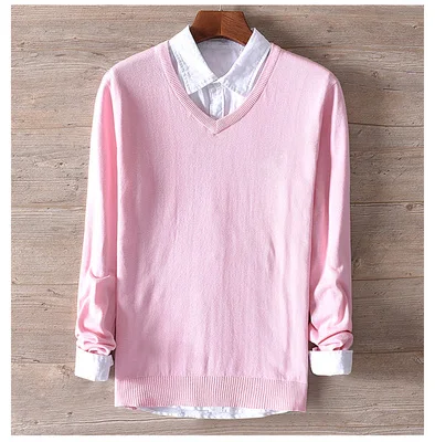 pink Men Spring Autumn Fashion Korea Style Solid Color Chicken Heart V-neck Cotton Sweater Male Casual Thin Pullover Knitted Sweaters - Цвет: pink