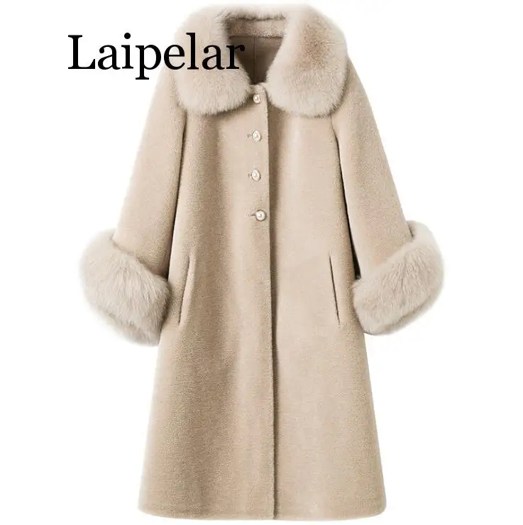 

Laipelar Faux Fur Long Coat Autumn Winter Solid Loose Imitation Fox Fur Collar Cashmere Granules Single Breasted Faux Fur Coat