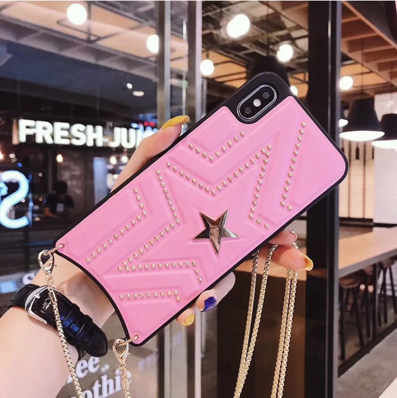 Luxury Fashion Cool 3D Rivet Star Handbag Leather Case Cover With Long Metal Chain For Iphone 11 Pro XS Max XR X 8 7 6 6S Plus