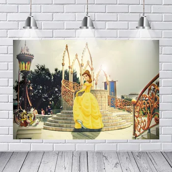 

Yellow Glitter Princess Belle Backdrops Beauty and The Beast Birthday Party Photography Backgrounds Custom Supplier