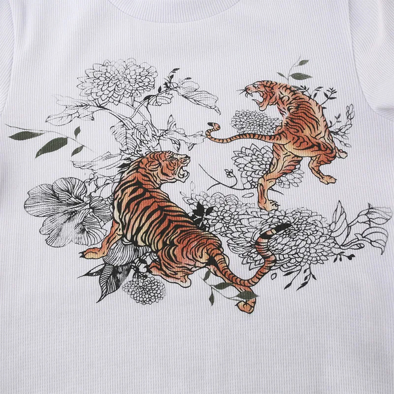 ALLNeon Harajuku Ribbed Tight Printing Crop Tops O-neck Short Sleeve Skinny White T-shirts Vintage Y2K Summer Tops Streetwear