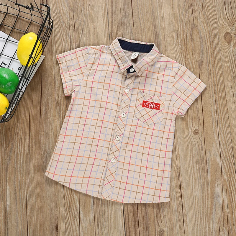 Милая Повседневная Блузка для мальчиков; летние клетчатые топы с короткими рукавами и рисунком; футболки
