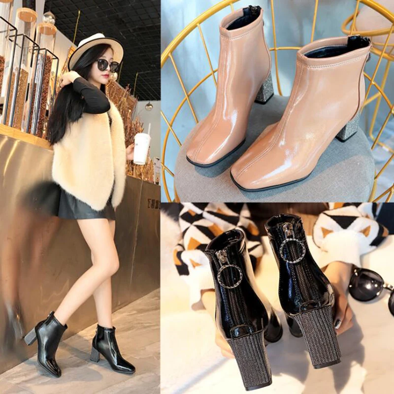 

Ankle Boots Women Shoes Woman Boots Fashion High Heel Square Toe Patent Leather Short Boots 2020 Spring New Short Boots X487