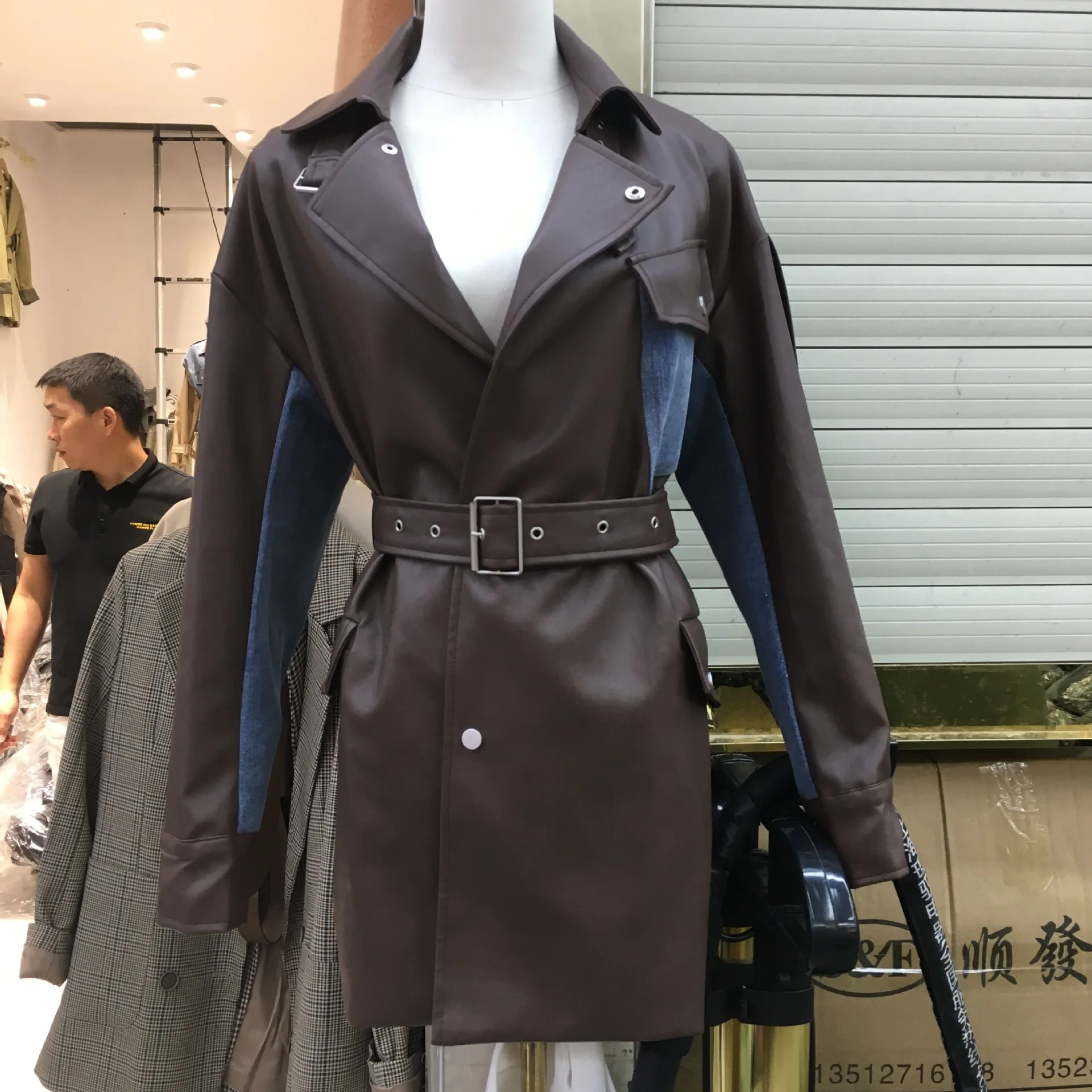 

South Korea CHIC Winter Joint Elegant Suit Collar Slim Fit Slimming Belt Medium Length Motorcycle Leather Coat Coat Women's