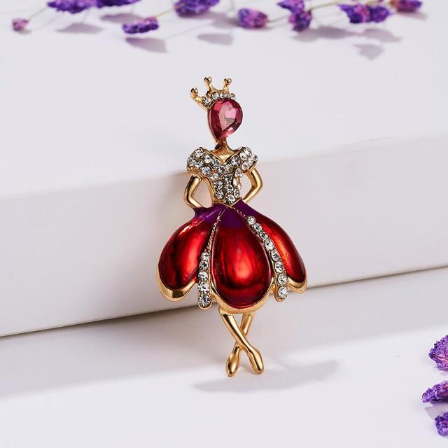 Rhinestone Dancing Boy and Girl Drawing Oil Figure Character Brooch Pin Women Girl Enamel Dress Small Dress