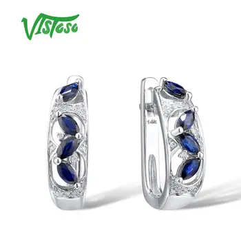 

VISTOSO Pure 14K 585 White Gold Marquise Blue Sapphire Shiny Diamond Earrings For Women Anniversary Wedding Gift Fine Jewelry