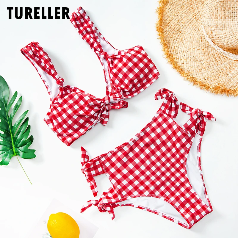 

Swimsuit High Waist Bikini Set Push Up Red Checkered Cut Two Pieces Separate Female Swimwear 3 Colors S-XL Woman Bathing Suits