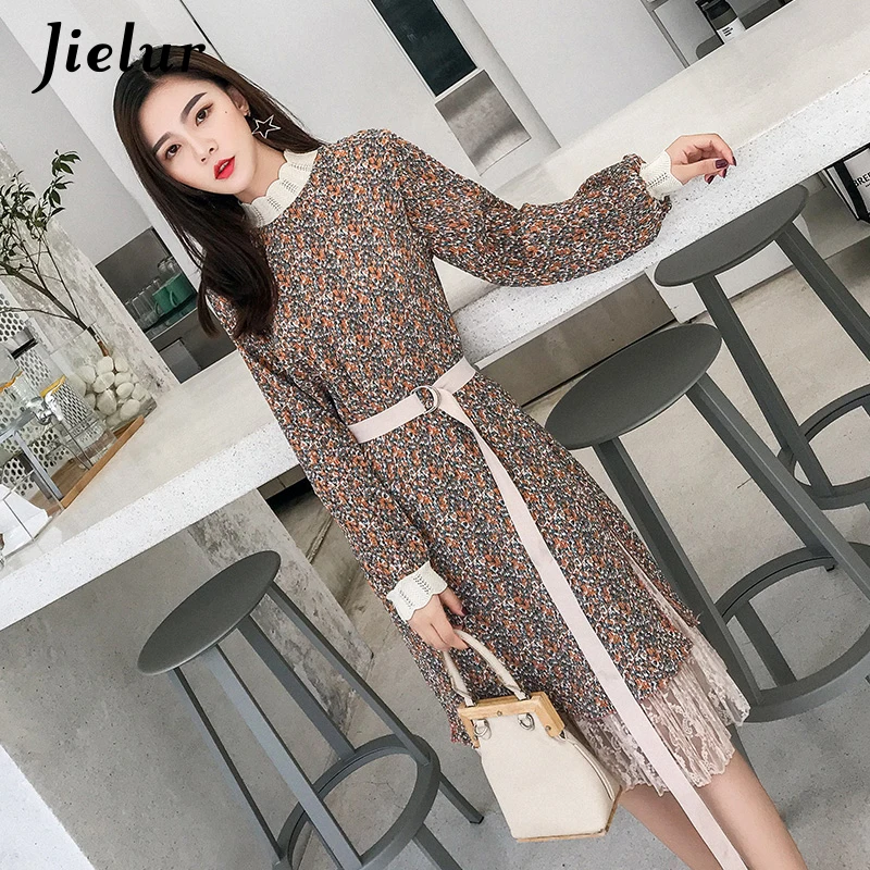 Jielur 2020 Autumn Khaki Floral Dress Women Chic Sashes Elegant Lady Chiffon Dresses Lace Slim Fashion OL Korean Vestidos S-XXL | Женская