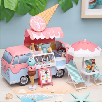 DIY Dollhouse Casa Miniature Furniture Kit Ice Cream Car Shop Paper Model Doll Houses Assemble Toy for Children Christmas Gifts