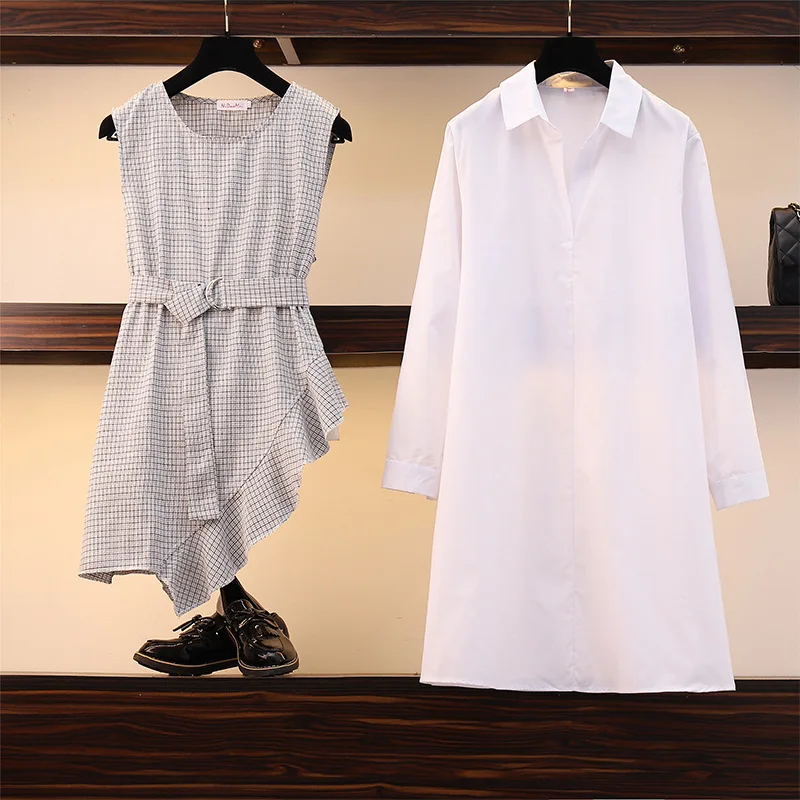 

Large Size Dress 2019 Autumn New Style Irregular Waistcoat Fold-down Collar Shirt Two-Piece Set