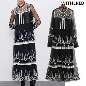 

Withered england indie folk vintage embroidery lace Gauze party midi dress women vestidos de fiesta de noche vestidos maxi dress