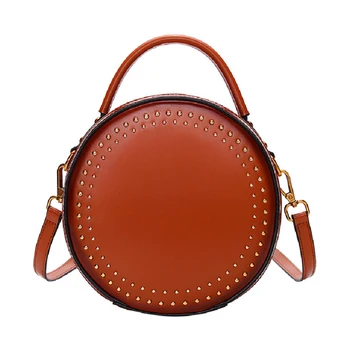 

ZZSLHL Women Genuine Leather Shoulder Bags Circular Handbags Rivet Designer Handbags Cow Leather Ladies Luxury Messenger Bags
