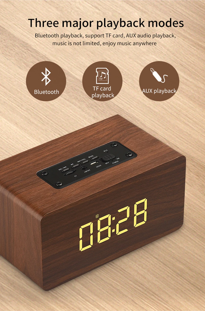 Деревянный беспроводной Bluetooth динамик HiFi шок бас цифровой будильник бас динамик Портативный Handfree Поддержка TF карта FM с микрофоном
