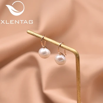 

XlentAg 925 Sterling Silver White Fresh Water Pearl Earrings Geometric Minimalism For Women Engagement Luxury Jewellery GE0825
