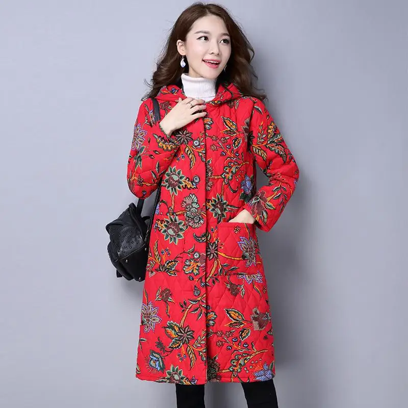 

8318 # Ethnic-Style Large Size WOMEN'S Cotton-padded Clothes Coat Autumn And Winter Printed Mid-length Cotton Linen Thick Hooded