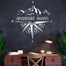 

Adventure Awaits Wall Decal Mountain with Compass Travel Art Nautical Home Decor Room Bedroom Wall Sticker Removable Mural