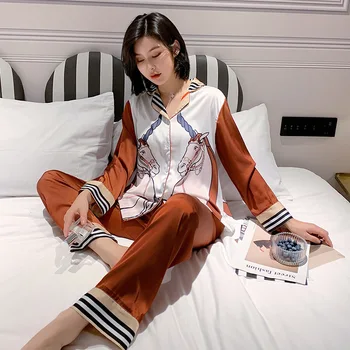 

Sleepwear Print Lady 2PCS Shirt&Pants Nightgown Casual Satin Pyjamas Kimono Bathrobe Gown Silky Intimate Lingerie Homewear