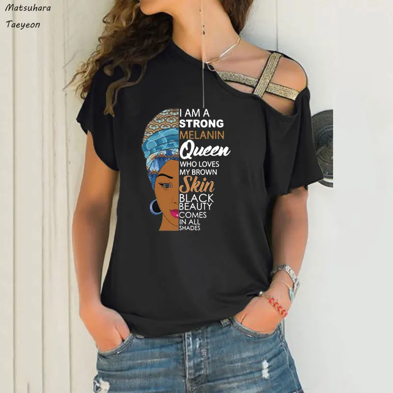 

Fashion Tshirt Womens Casual Summer Tops Ladies Harajuku I Am A Strong Melanin Queen T Shirt Irregular Ropa Mujer Camisetas