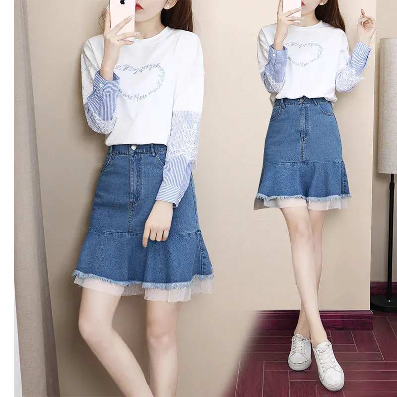 

2019 Korean-style Spring-New Style WOMEN'S Two-piece Suit Cowboy Chiffon Joint Short Skirt Set