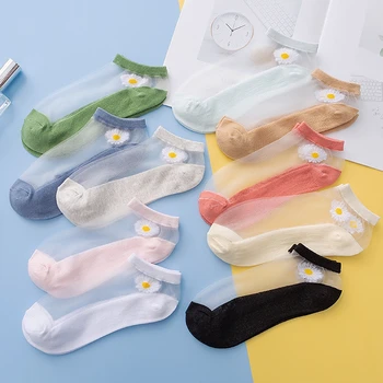 

1Pairs Women Socks for summer Ultra-thin Transparent Cass Glass fiber Silk Socks Fashion daisy Flower Japan Ankle Socks