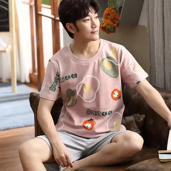 

Korean Version Short Sleeve Sleep Set Pajamas Suit Men Summer New Sleepwear Home Clothing Casual Cotton Nightwear Pyjamas